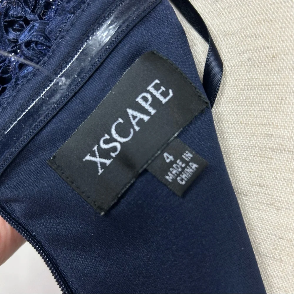 Xscape Navy Blue Rosette Sequin Lace Mermaid Off Shoulder Prom Gown Size 4 - Picture 9 of 10